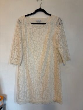 London Times Cream Lace Shift Dress with Three-Quarter Sleeves
